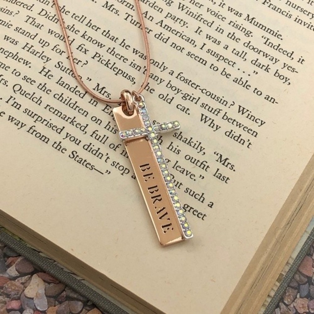 🌼 Copper BE BRAVE Cross Rhinestone Necklace